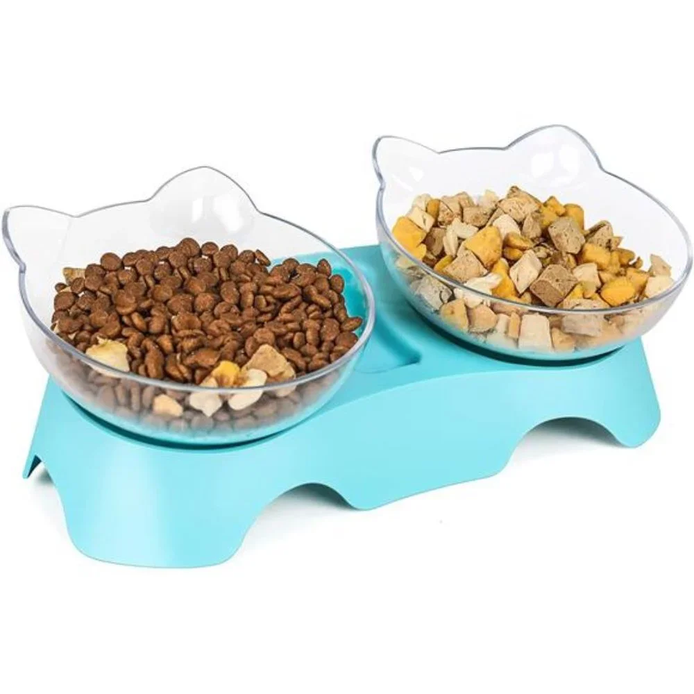 Double Kitty Bowls with 15° | Pet Feeding Bowl for Small cat and Puppy | Blue